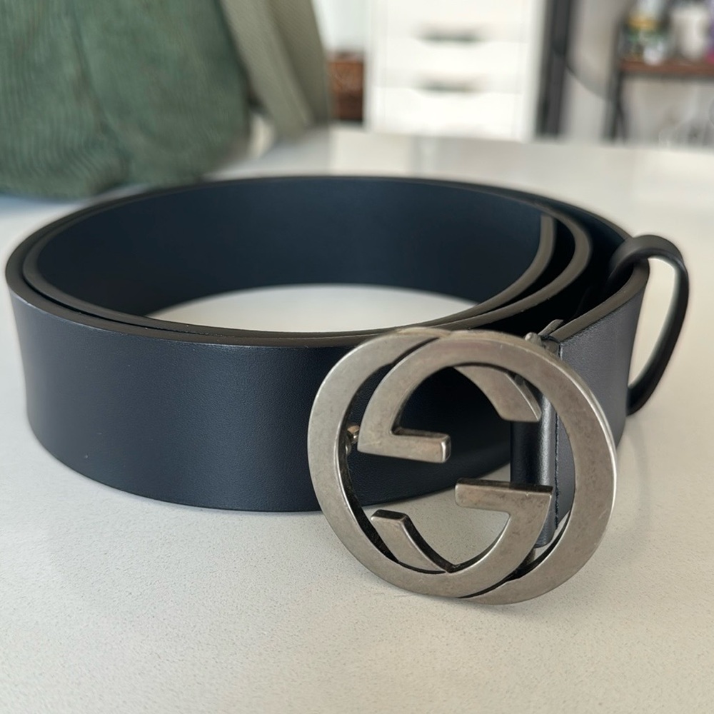 Navy Leather Gucci Belt